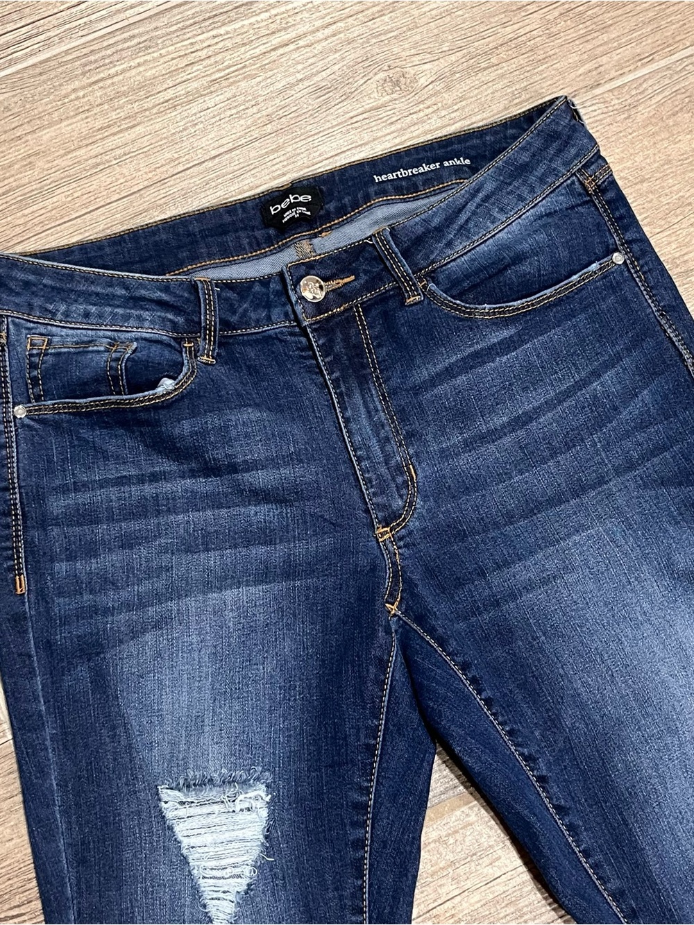 bebe Heartbreaker Cropped Jeans - Dark Blue distressed jegging skinny